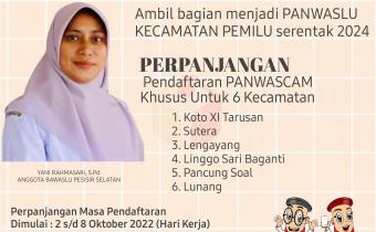 Pengumuman Perpanjangan Pendaftaran  Calon Anggota  Panwaslu Kecamatan Tahun 2024